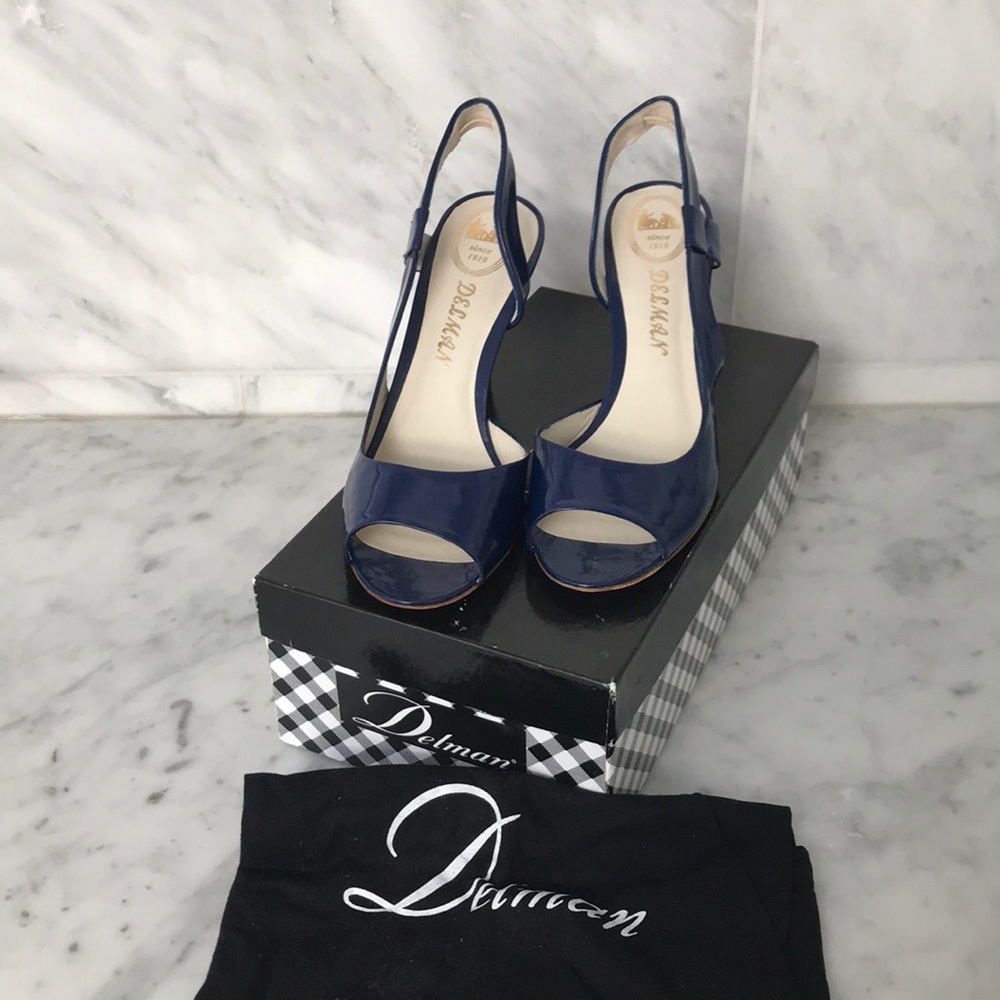 Delman blue patent leather peep toe heels